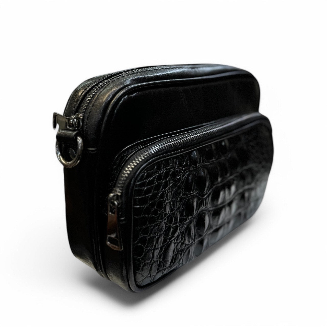 crossbody de piel napa / piel exotica cocodrilo negro carbon mod monaco