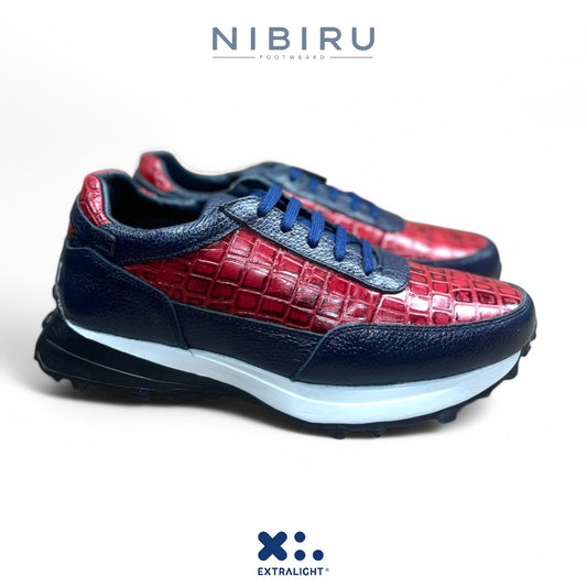 sneaker de piel de venado azul marino / piel exotica cocodrilo cherry mod 20k suela extralight