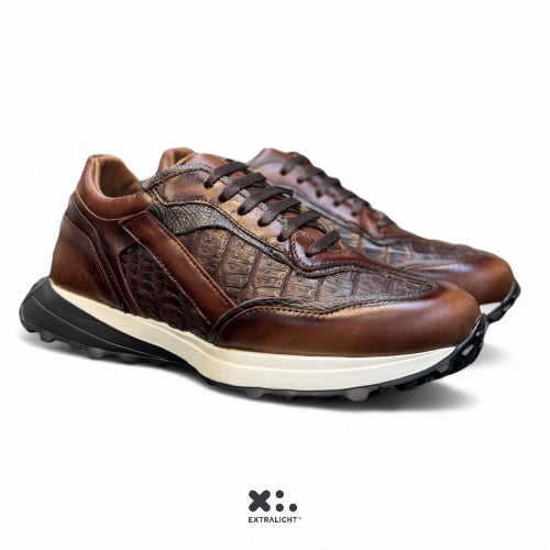 sneaker de piel venado / piel cocodrilo fuscus cognac madera mod sopranno extralight