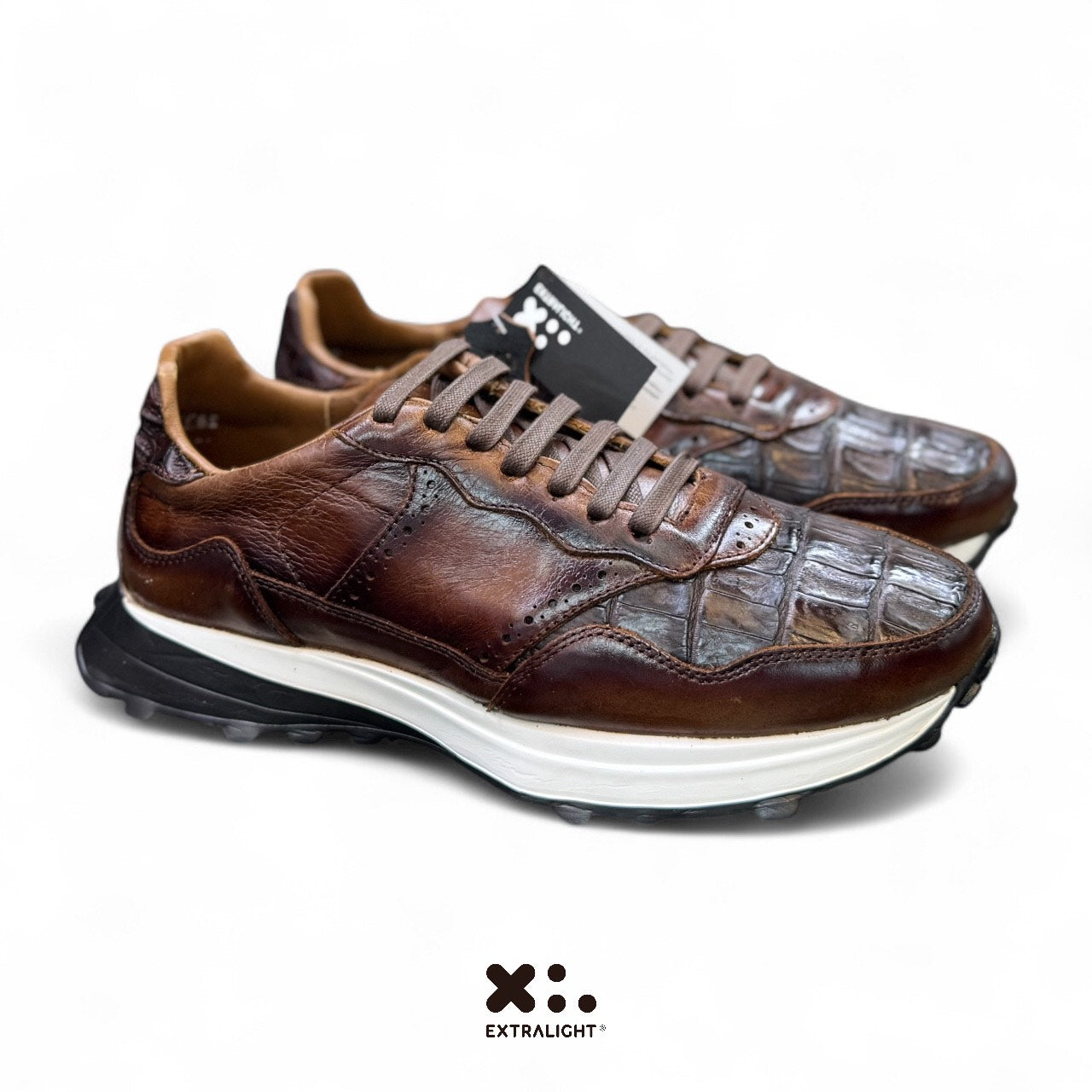 sneaker de piel venado / piel cocodrilo fuscus cognac madera boston extralight